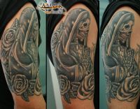 DARK-tattoo-tatuaje-hombro-brazo-shoulder-arm-amor-de-madre-zamora-santa-muerte-holy-death-rosas-ros